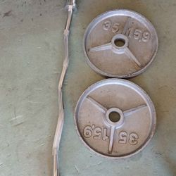 Curl Bar And 35 Lb Pair Weights  Metal