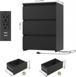 C489 $50  FOTOSOK Black Nightstand, 26"H Tall Bedside Table with Charging Station White Night Stand with USB Ports & Power Outlets, Silent Slides, Mod