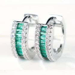 Iced Out 14K White Gold Plated Emerald Green Cubic Zirconia Men & Women 12mm Huggie Hoop Earrings 