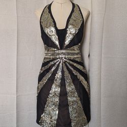 $28- Lightly Used- Elegant Sequined Halter Mini Dress - Black (Size Medium)