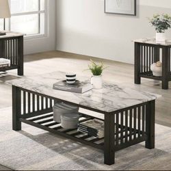 Brand New White Gray Marble Top 3pc Coffee Table Set