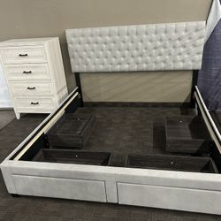 Large Storage King Bed Frame W/ Whitewash Chest 