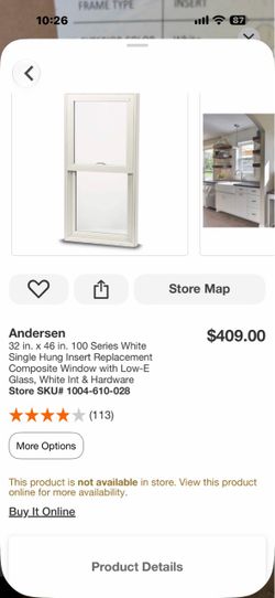 Andersen 32 in. x 46 in. 100 Series White Single Hung Insert Replacement Composite Window with Low-E Glass, White Int & Hardware