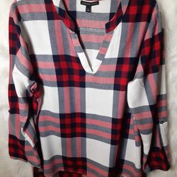 Signature Studio Women Red/White/Blue Plaid Flannel Split Neck Hi Low Tunic Sz XL

