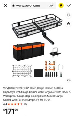 VEVOR 60" x 24" x 6", Hitch Cargo Carrier, 500 lbs Capacity Hitch Cargo Carrier with Cargo Net with Hook & Waterproof Cargo Bag, Folding Hitch Mount C