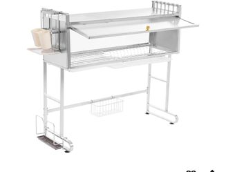 Over Sink Dish Drying Rack, 304 Stainless Steel Drying Drainer Rack with Flip Cabinet Door, Multifunctional Kitchen Storage Dish Rack for Plates, Bowl