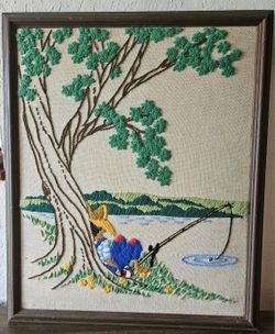 Vintage 1977 Crewel FISHING Needlepoint 