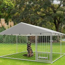Brand New In Box 10x10x7 XLarge Dog Kennel With Roof Cover & Stailess Steel Bowls Feeding Door 