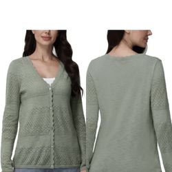 Frye Womens Cardigan Green Sweater Pointelle Long Sleeves Soft Cotton