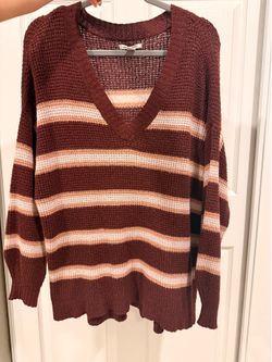 American Eagle Striped Waffle Knit V-Neck Sweater