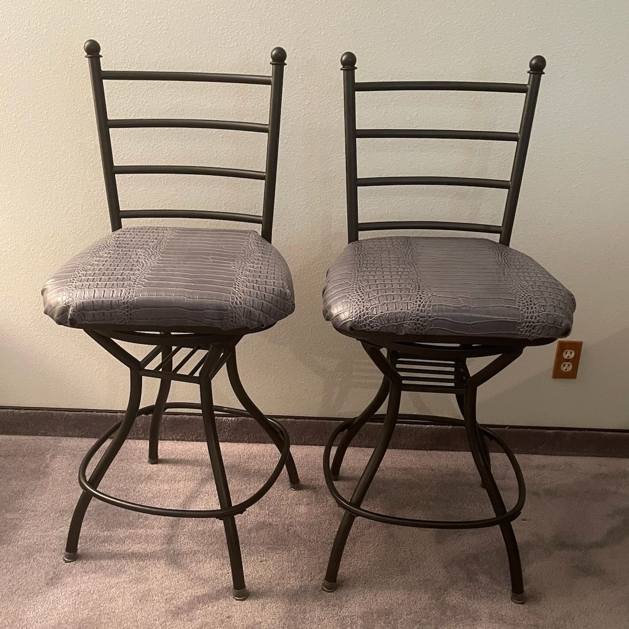 Two Wrought Iron Ladder-Back Frame Bar Stools with Swivel Seats