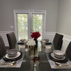 Glass Dining Table + 4 Grey Chairs – $749 (OBO)