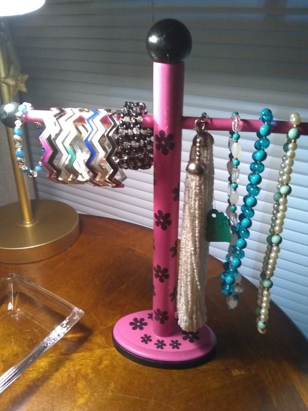 Necklaces, Bracelets, Pink Wooden Jewelry Stand