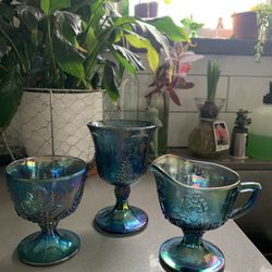 Vintage Indiana Glass Carnival Iridescent Blue Grape Harvest Creamer, Sugar Bowl, and goblet.  Set of 3. 