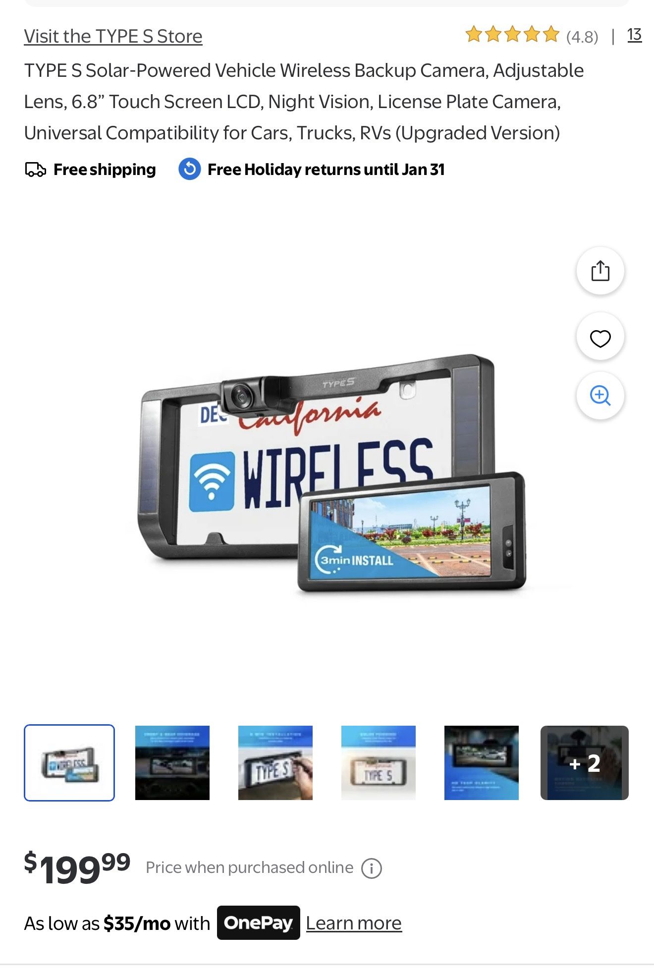 TYPE S Solar-Powered Vehicle Wireless Backup Camera, Adjustable Lens, 6.8” Touch Screen LCD, Night Vision, License Plate Camera, Universal Compatibili