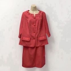 ✨New✨ Adult Women Size 14 W 2-piece Pink Coral Suit Skirt Blazer Jacket Button Up 3-4 Sleeve Elastic Waist Knee Length