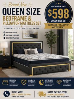 BIG SALE! BRAND NEW QUEEN SIZE BEDFRAME INCLUDES PILLOWTOP MATTRESS SET
