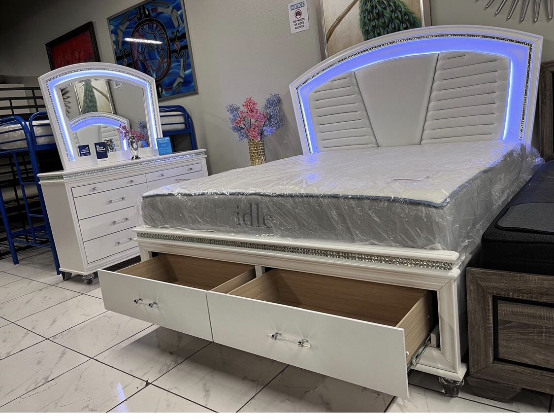 Bedroom Set Pearl White Color, LED Light