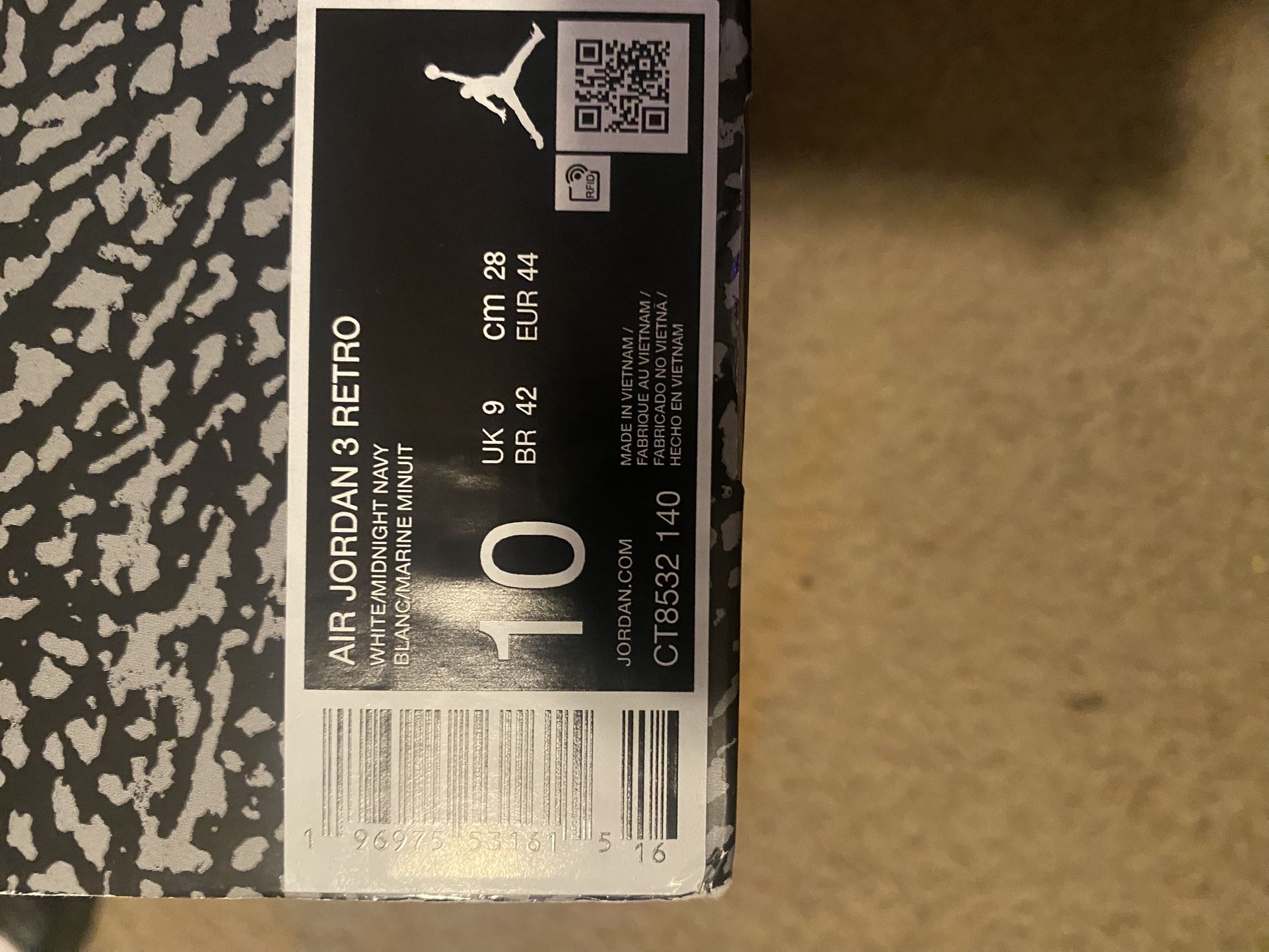 Jordan 3 Midnight Navy 100% Real size 10