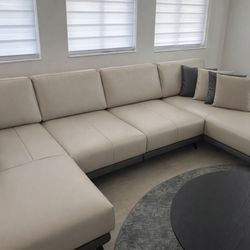 All-Leather U-Shaped Bumper Sectional - Beige / 141 inch