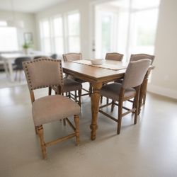 Counter-Height 6‑Piece Wood Dining Table Set with Upholstered Nailhead Chairs