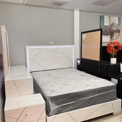 Glossy White White Bedroom Set NEW Mattress Set Included 