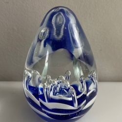 Vintage Egg Shaped Blue White Art Glass Paperweight Decor