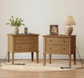 Solid Wood Nightstands Set of 2, Farmhouse Style End Table with 2 Large Drawers, Wood Side Table with Charging Station for Bedroom，Teak