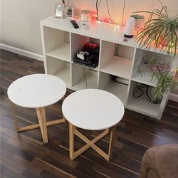 White cube entertainment center w/ 2 small round tables