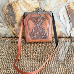 Antigue Brown Leather Tooled Bosca Built Edwardian Handbag With Strap