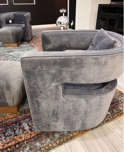 Modern Gray Velvet Swivel Armchairs with Ottomans - Matching Set of 2
