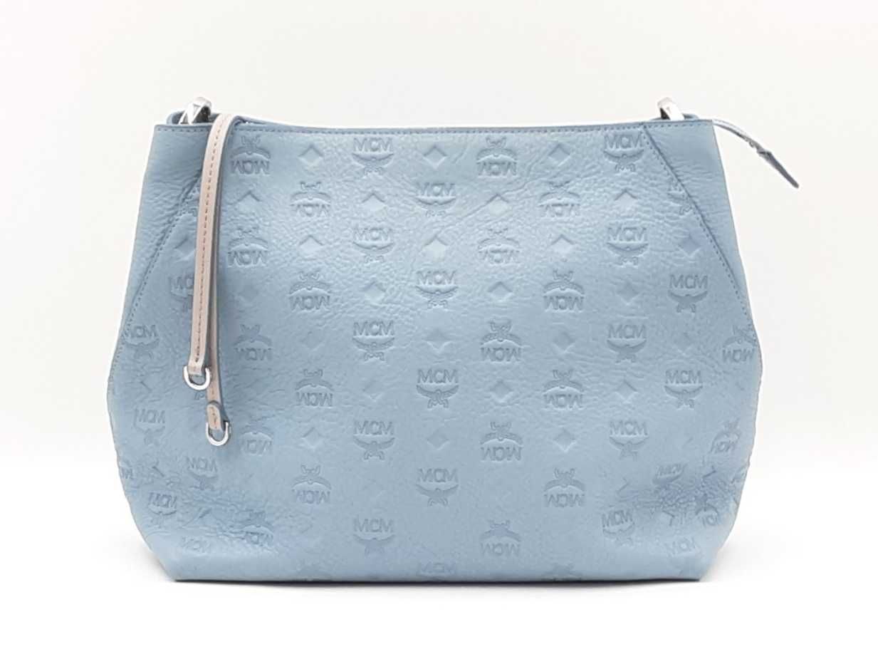 Mcm Klara Hobo Bag In Sky Blue Monogram Debossed Leather Fw0725przmia