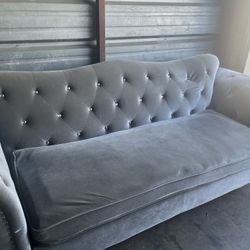 Sofa And Oversized Chair - Velour /Velvet  Grey & Silver with Diamond  Button  Accents    