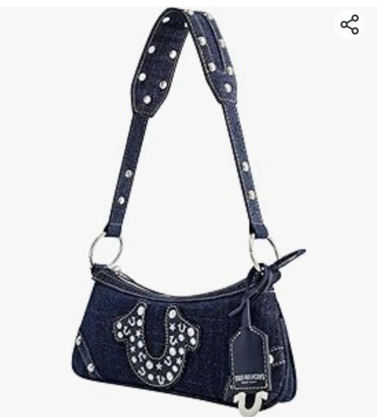 True Religion Women's Shoulder Bag Purse, Mini Travel Handbag with Studded Horseshoe Logo, Denim