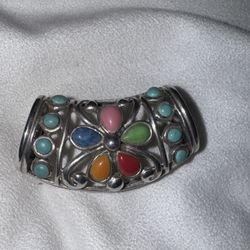 Vintage Multi-Gemstone Turquoise Daisy Flower Sterling Silver Large Pendant 