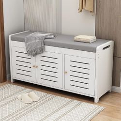 Shoe Storage Bench Bamboo Shoe Rack Bench with Three Door & Padded Seat Cushion for Entryway Shoe Cabinet Shoe Bench (White)