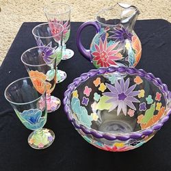 Hand Painted & Signed 6-Piece Glass Floral Serving Set
