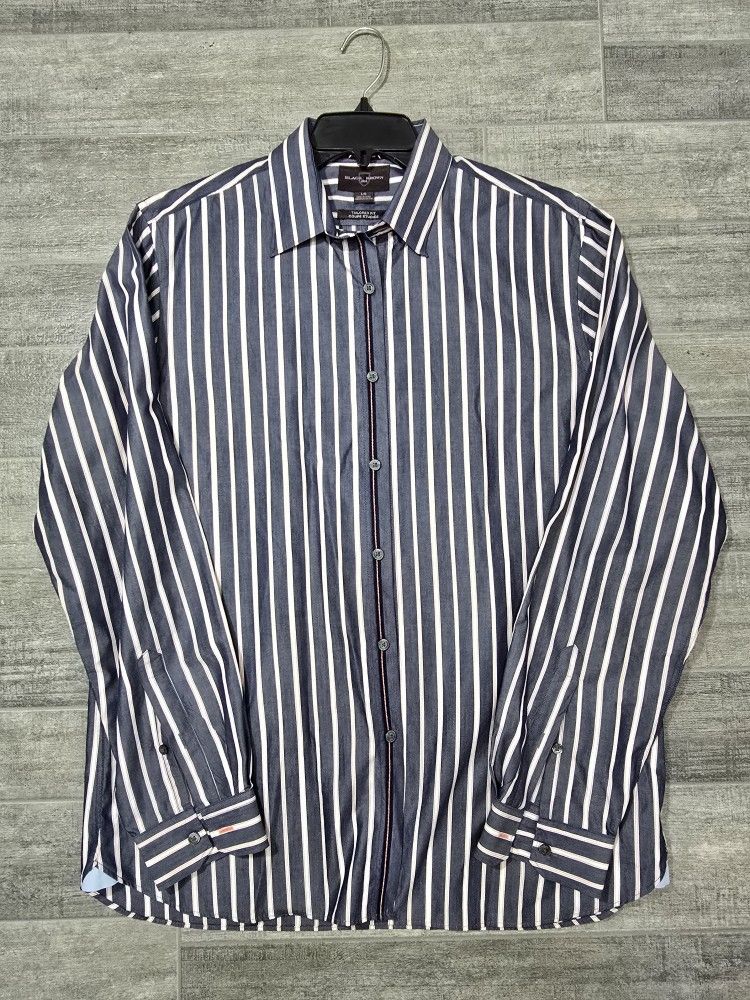 Black Brown 1826 Men's Large Blue And Cream Striped Casual Button Down