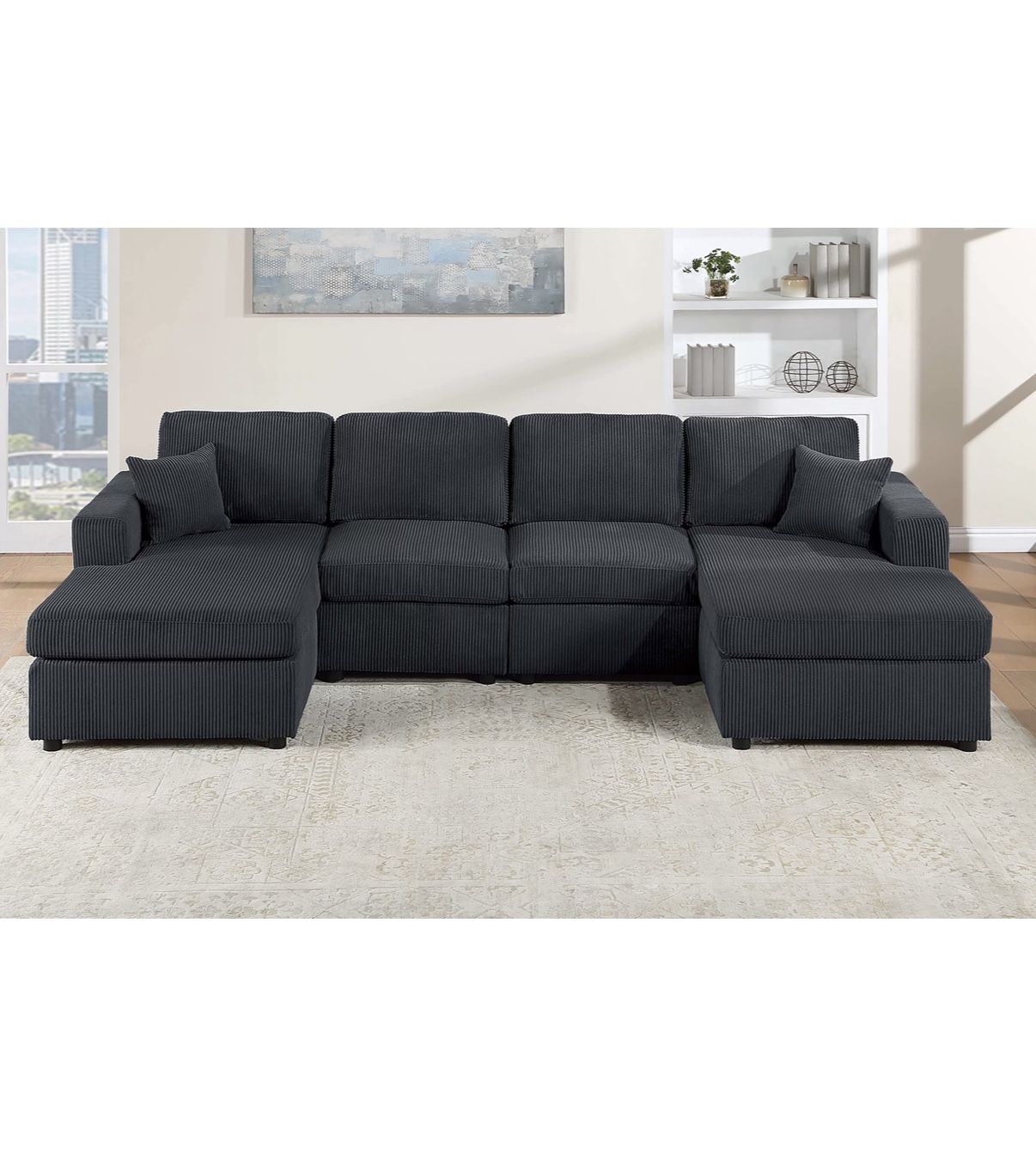 New! 120”L Large Sectional, Double Chaises Sofa, U-Shaped Couch, Sectional, Sofa, Black Sectional, Corduroy Couch, Black Sofa, Sofa With TWO Chaises