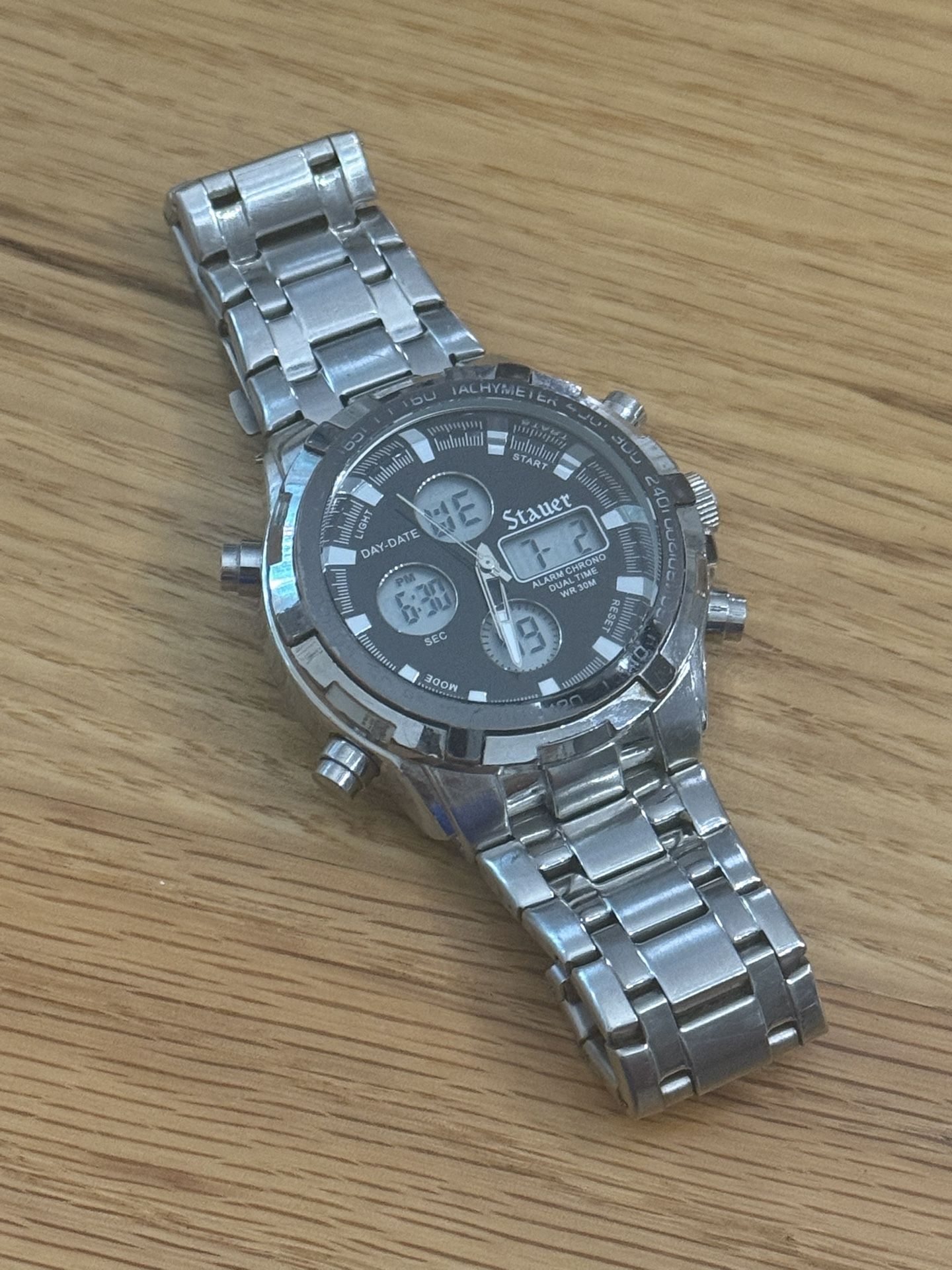 Men’s Stauer Watch Alarm Chrono Dual Time 30M Water Resistant New Batteries