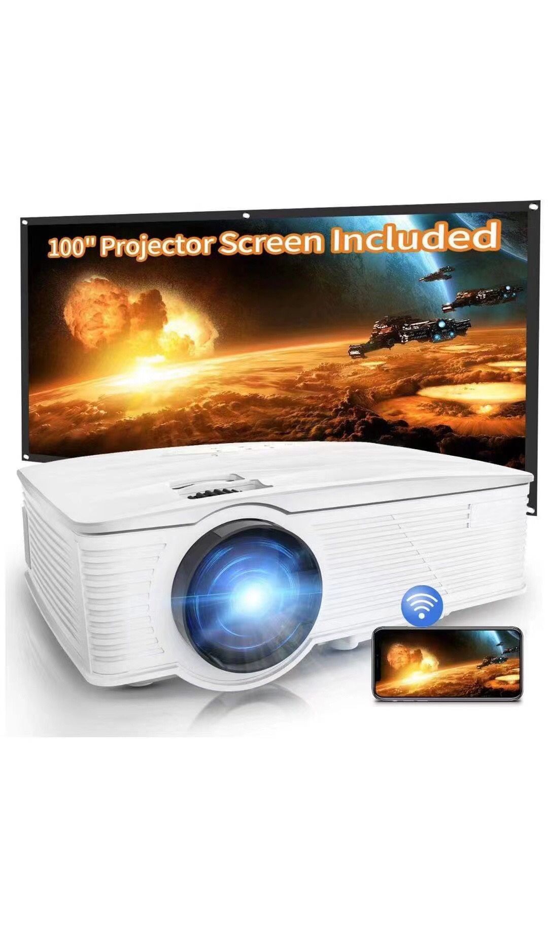 Projector, WiFi Mini Projector 1080P Supported with 100” Projector Screen, 5500 Lux 210" Display Movie Projector, Compatible with Phone, Computer, Lap