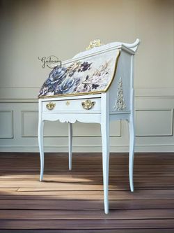 Blue Tiger Oak Gold Floral Antique French Small Secretary Desk 