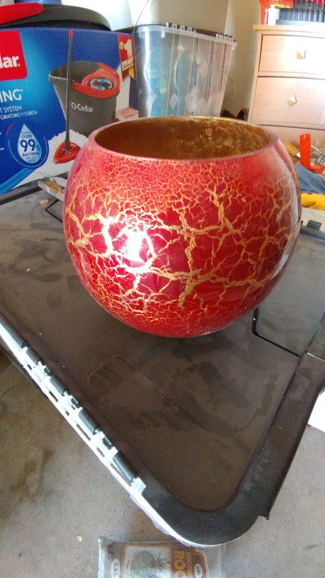 Vase, Fish Bowl Shape, Red & Gold Crackle