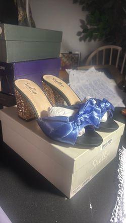Vintage Shelly's London Blue Satin Block Heel Mules