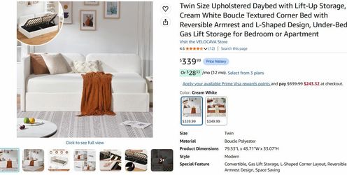 Twin size upholstered daybed with lift-up storage.