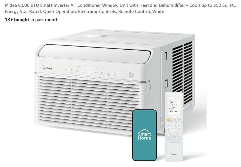 Midea 8,000 BTU U Shaped Smart Inverter Window Air Conditioner, Cools up to 350 Sq. Ft., Ultra Quiet