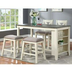 5 Piece Counter Height Dining Set With Storage Shelves Cream Color And Light Grey Firm Price $520 Financing Available 