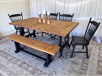 ❤️ farmhouse table black and brown golden oak 4 four chairs bench dinning comedor dinner dining set