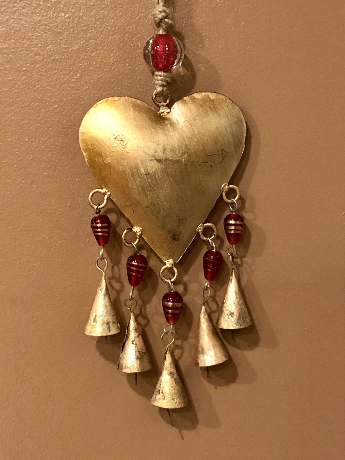 Brass Heart & Red Stained Glass Beads Cone Rustic Bells Wind Chime Mobile