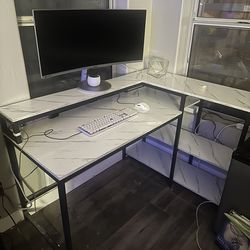 White Marble L-shaped Desk With Shelves